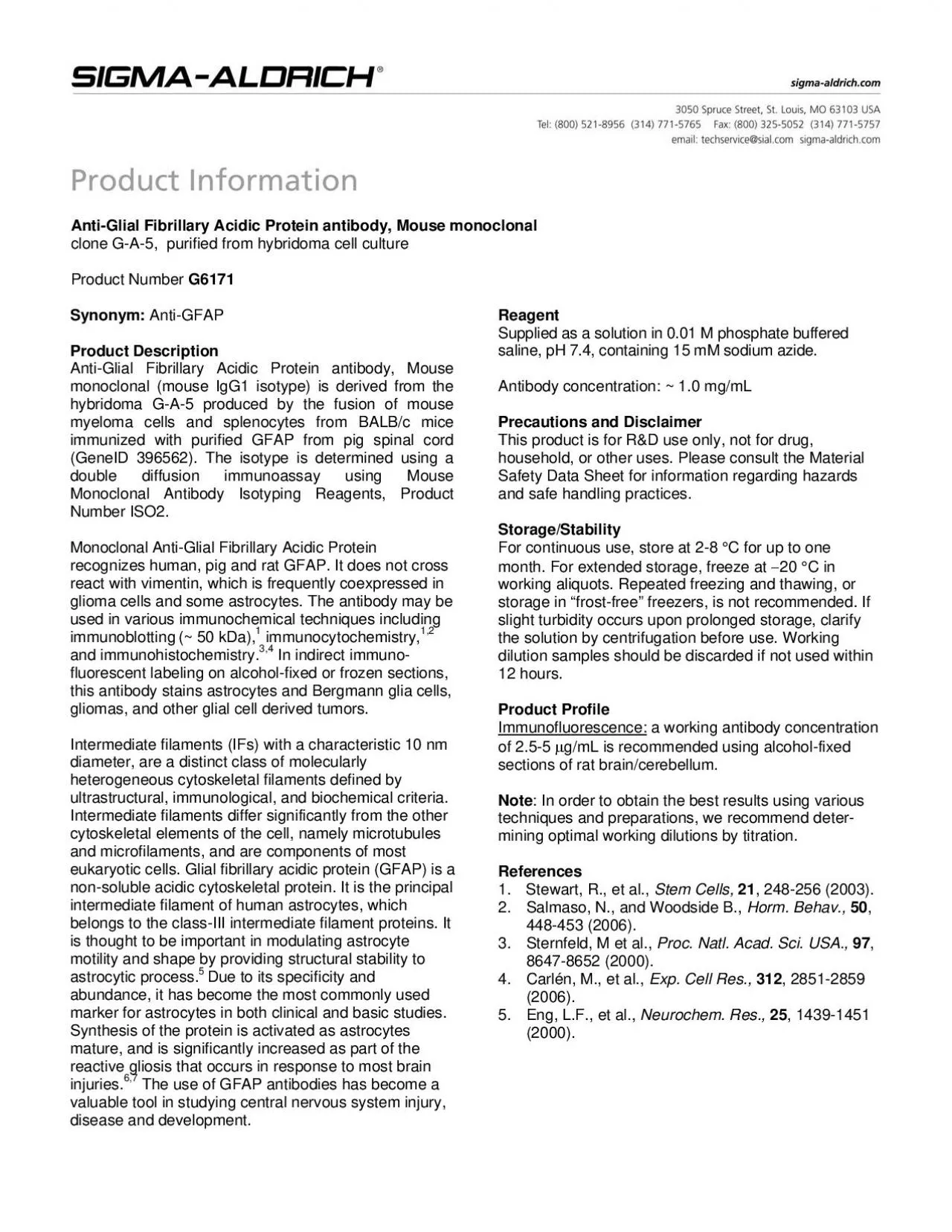 PDF-AntiGlial Fibrillary Acidic Protein antibody Mouse monoclonal clo