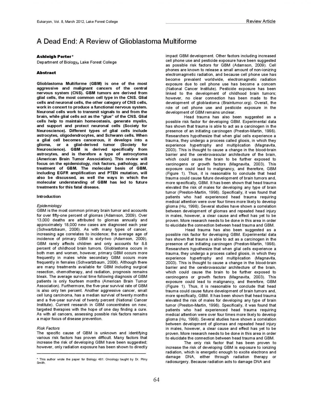 PDF-Ashleigh Porter Department of Biology Lake Forest College Abstract