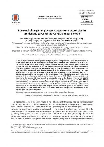 Postnatal changes of GLUT3 in hippocampusLab Anim ResMarch 2016Vol