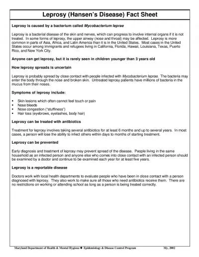 Leprosy Hansen146s Disease Fact Sheet