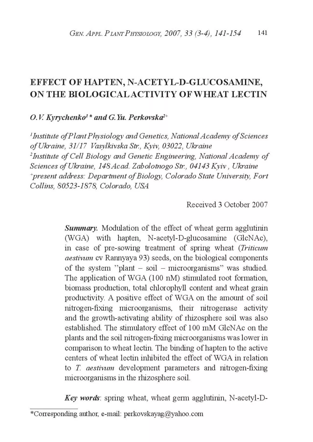 PDF-Effect of hapten and NacetylDglucosamine on wheat lectin