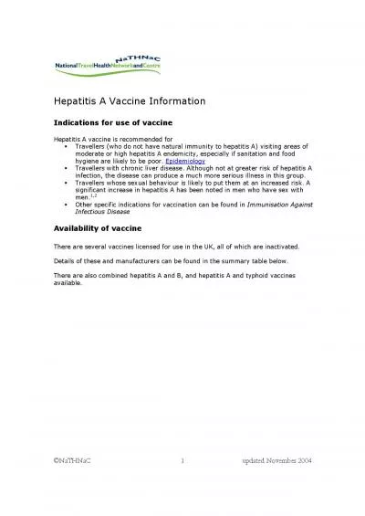 NaTHNaC 1 updated November 2004 Hepatitis A Vaccine Information Indic