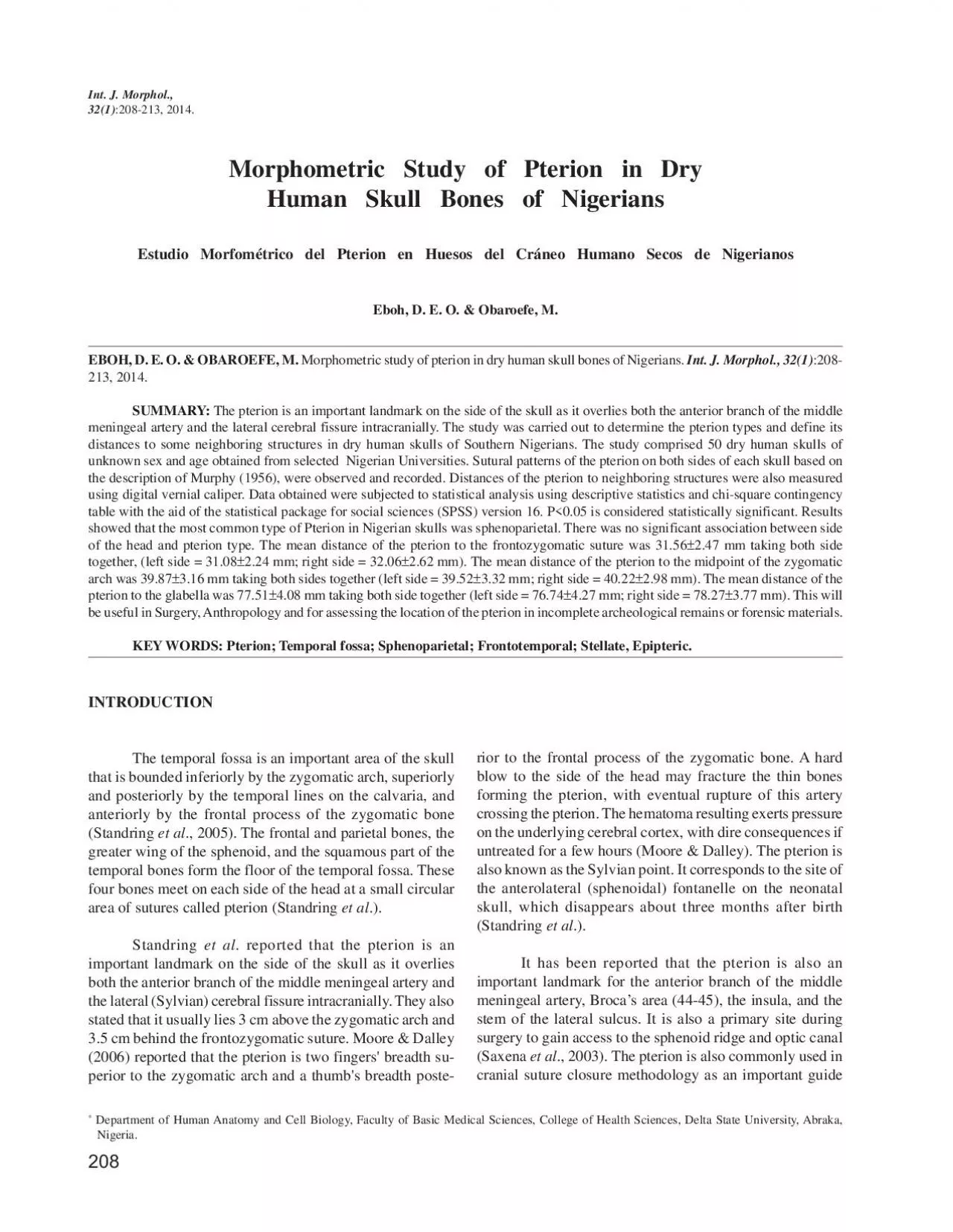 PDF-Morphometric Study of Pterion in DryHuman Skull Bones of NigeriansEstu