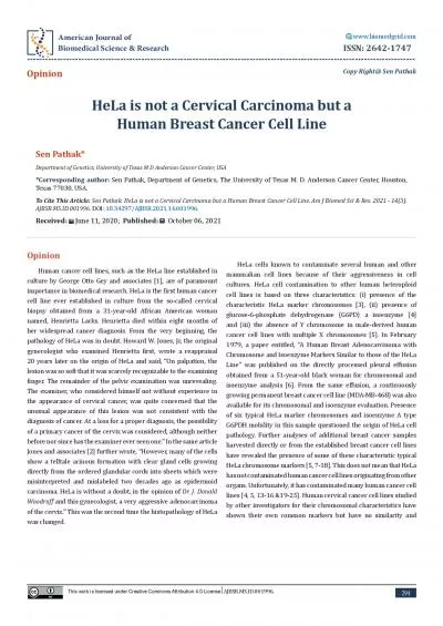 HeLa is not a Cervical Carcinoma but a