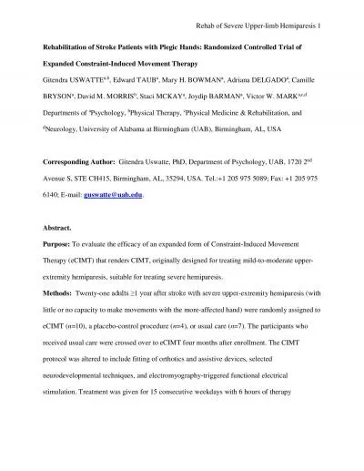 x0000x0000Rehab of Severe Upperlimb Hemiparesis Rehabilitation o