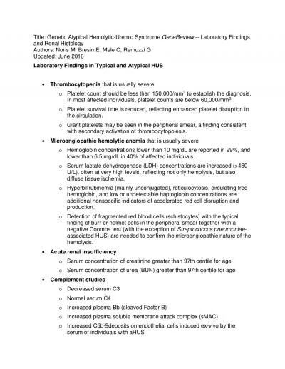Title Genetic Atypical HemolyticUremic SyndromeGeneReviewLaboratory F