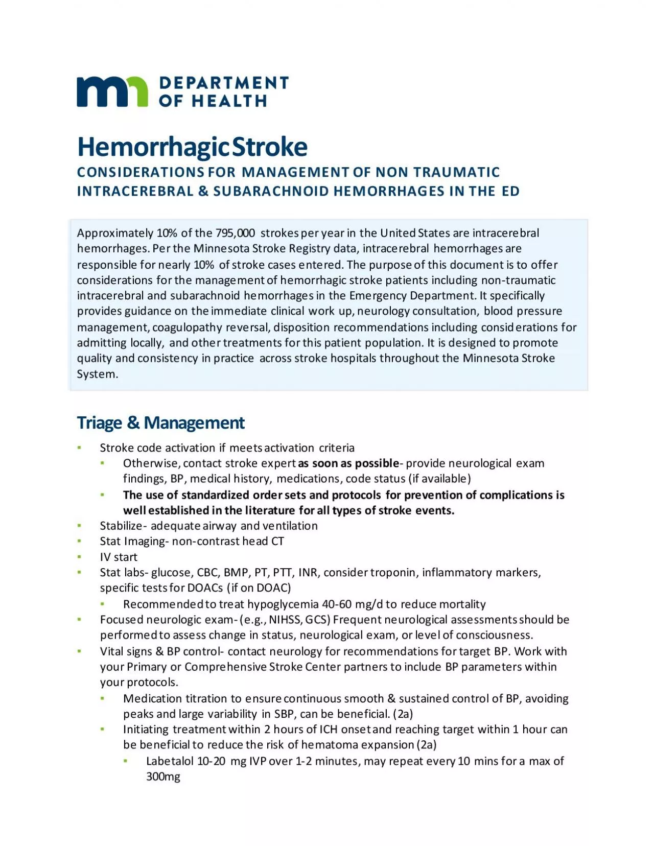 PDF-Hemorrhagic StrokeCONSIDERATIONS FOR MANAGEMENT OF NON TRAUMATIC INTRA