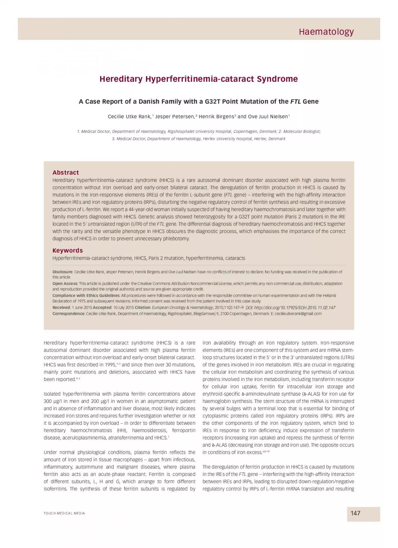 PDF-Hereditary hyperferritinemiacataract syndrome HHCS is a rare autoso