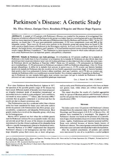 TH CANADIA JOURNA O NEUROLOGICA SCIENCEParkinson Disease A Geneti Stu