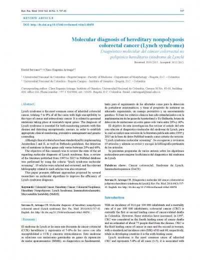 Molecular diagnosis of hereditary nonpolyposis colorectal cancer Lync