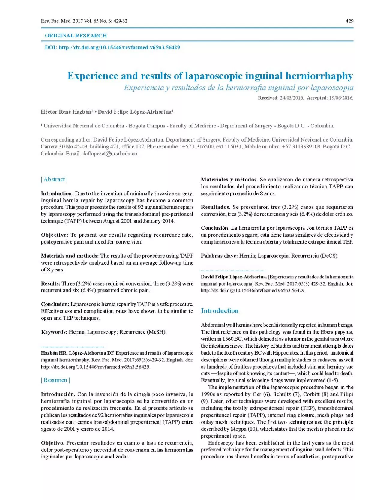 PDF-Experience and results of laparoscopic inguinal herniorrhaphyExperienc