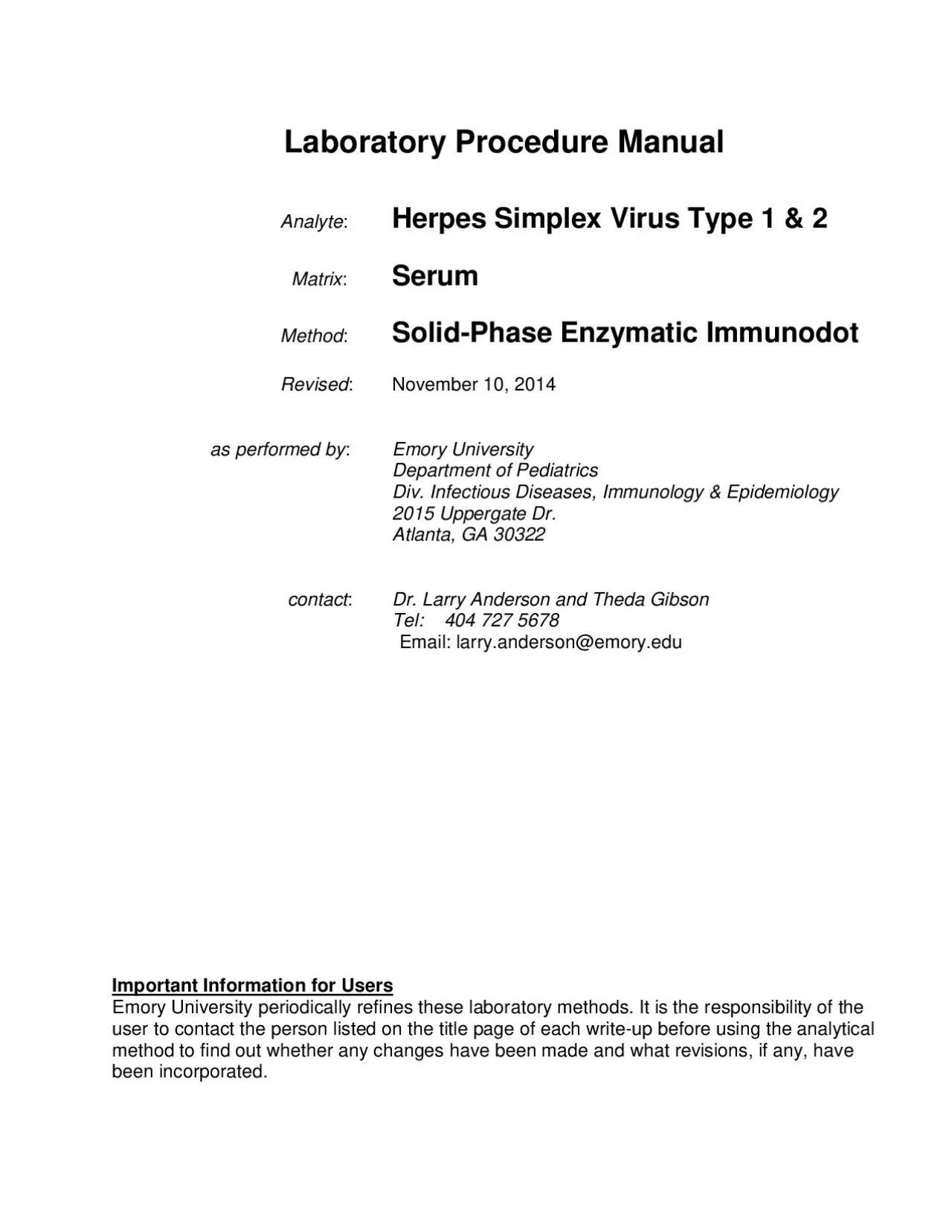 PDF-Laboratory Procedure ManualAnalyteHerpes Simplex Virus Type 1 2Matri