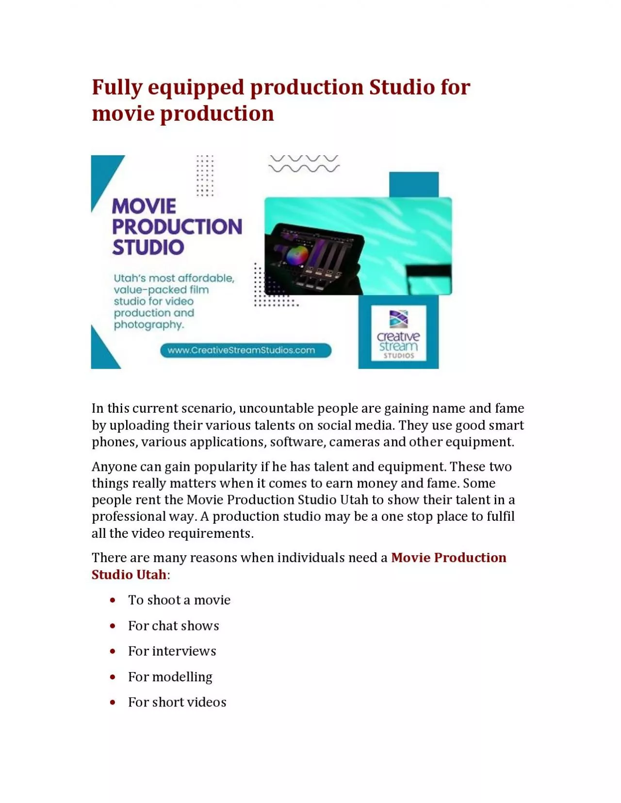 PDF-Fully equipped production Studio for movie production