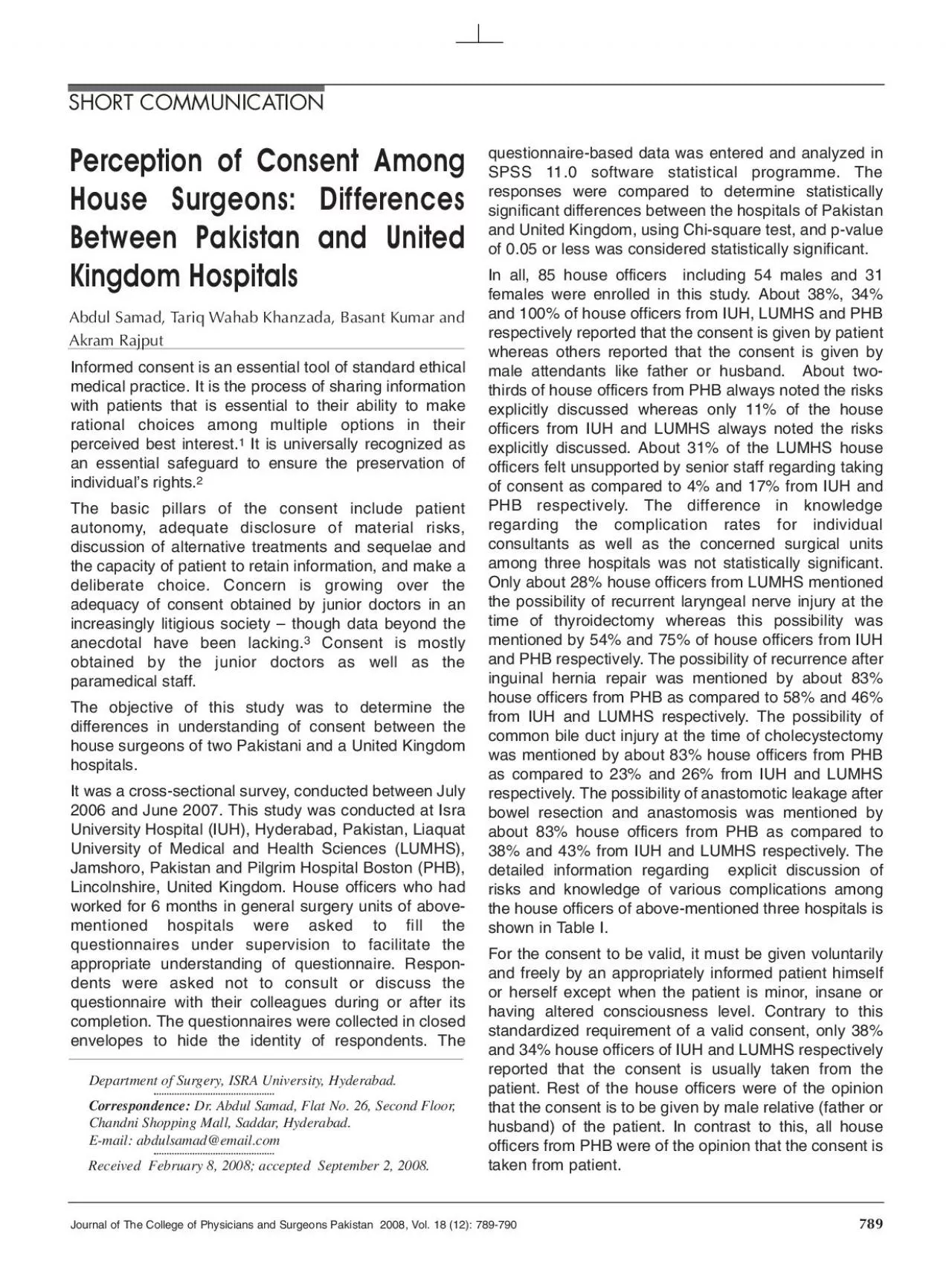 PDF-Perception of Consent AmongHouse Surgeons Differences