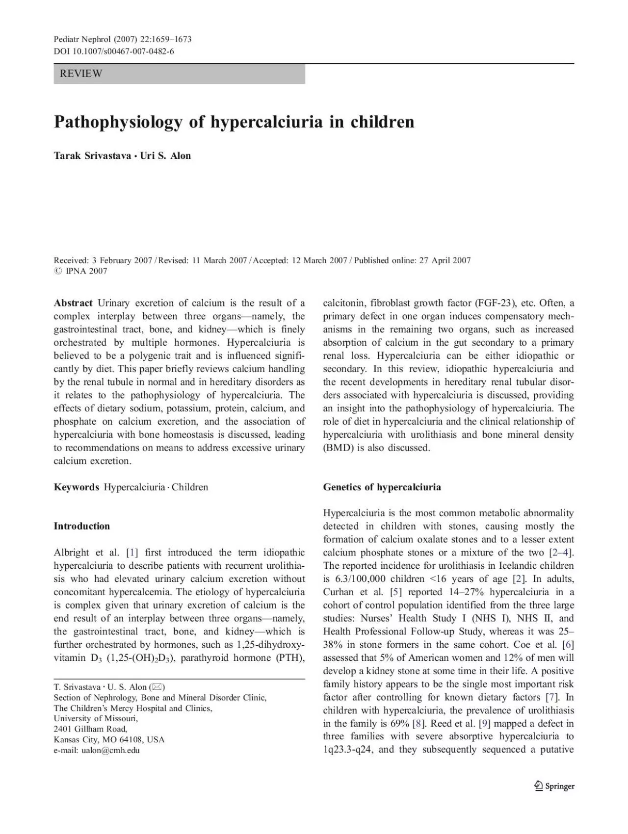 PDF-PathophysiologyofhypercalciuriainchildrenTarakSrivastavaUriSAlonRecei