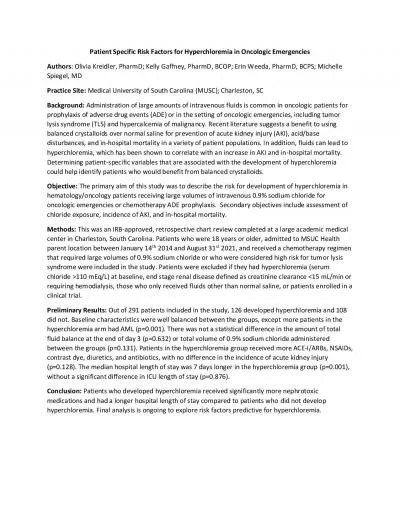 Patient Specific Risk Factors for Hyperchloremia in Oncologic Emergenc