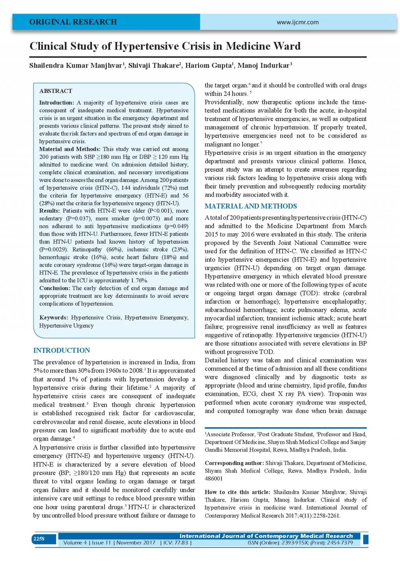 PDF-Clinical Study of Hypertensive Crisis in Medicine Ward