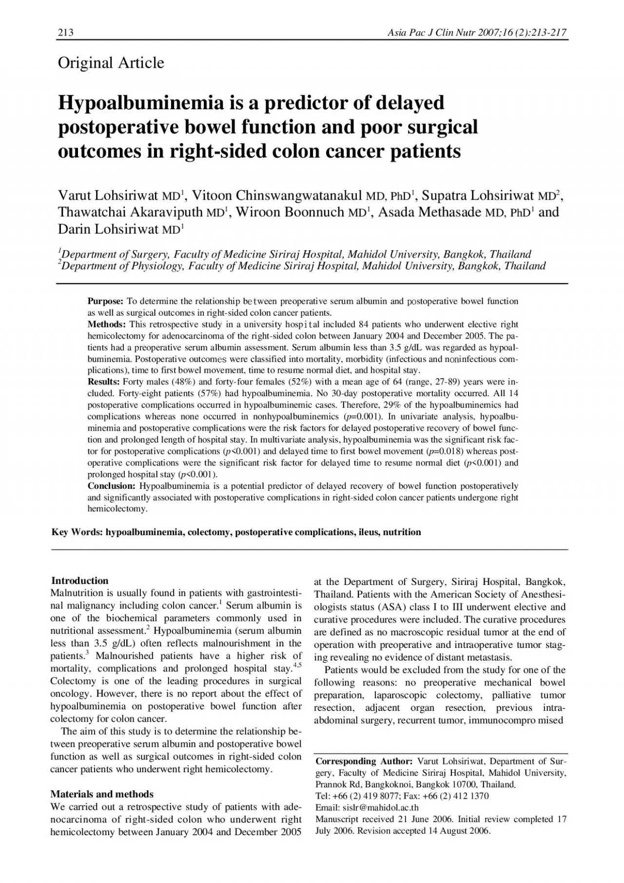 PDF-Purpose To determine the relationship bween preoperative serum albumi