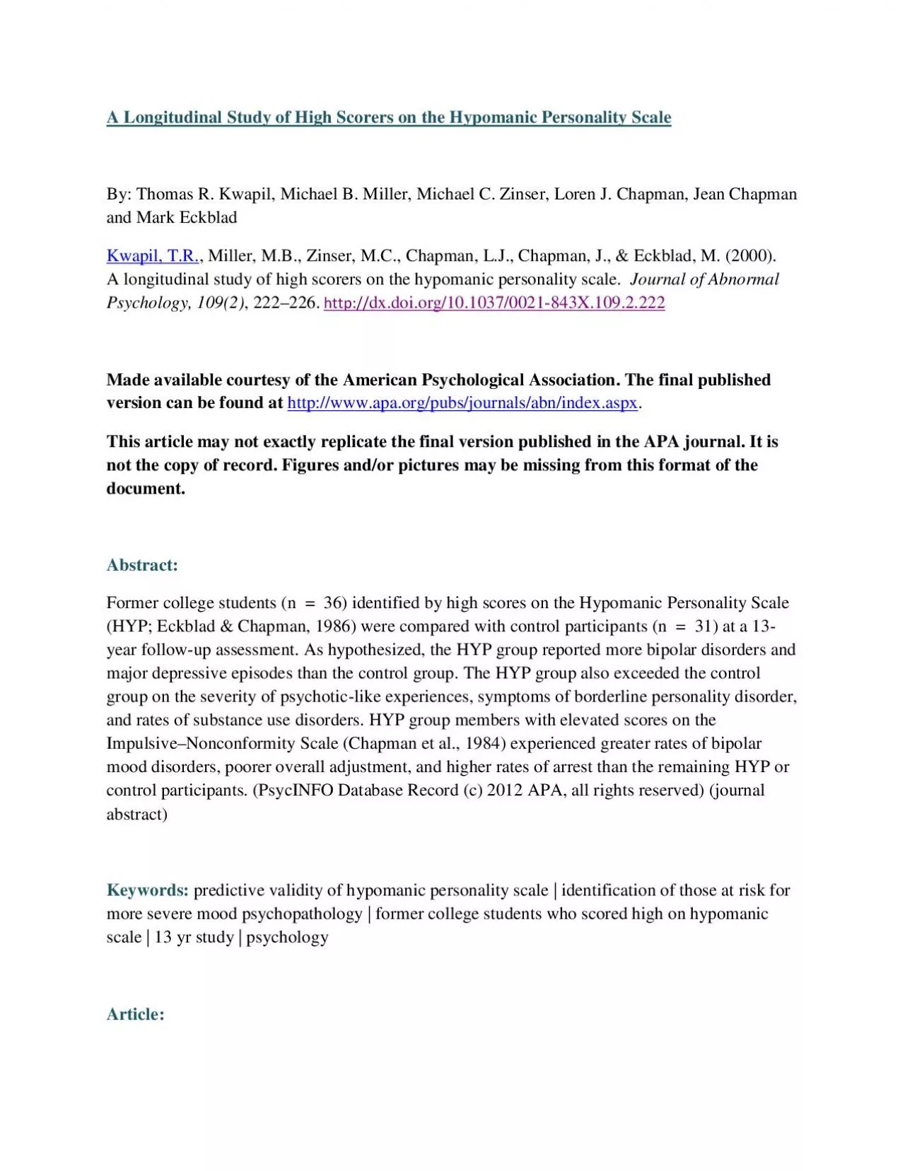 PDF-A Longitudinal Study of High Scorers on the Hypomanic Personality Scal