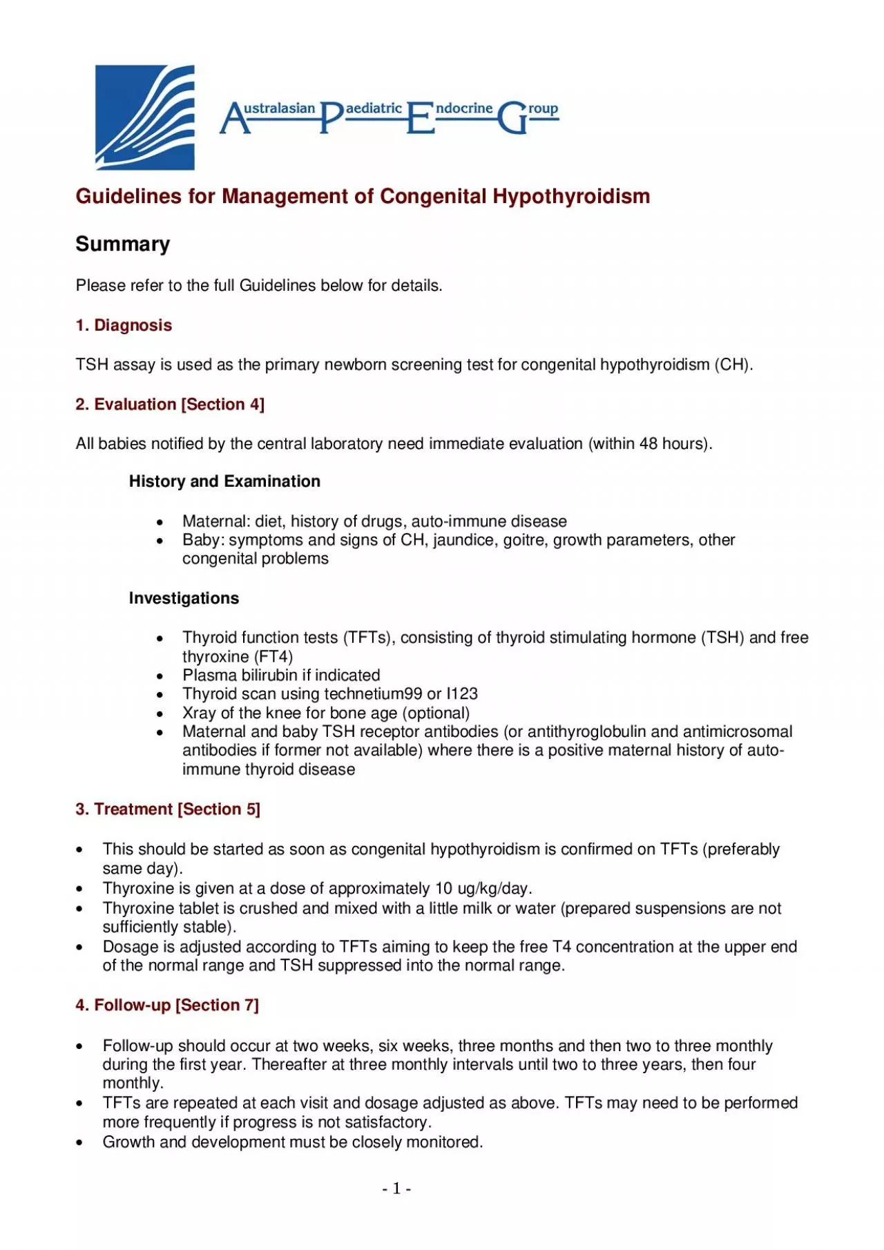 PDF-1 Guidelines for Management of Congenital HypothyroidismSummary Pl