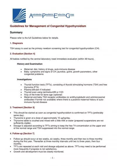 1  Guidelines for Management of Congenital HypothyroidismSummary Pl