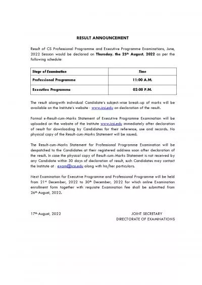 RESULT ANNOUNCEMENT