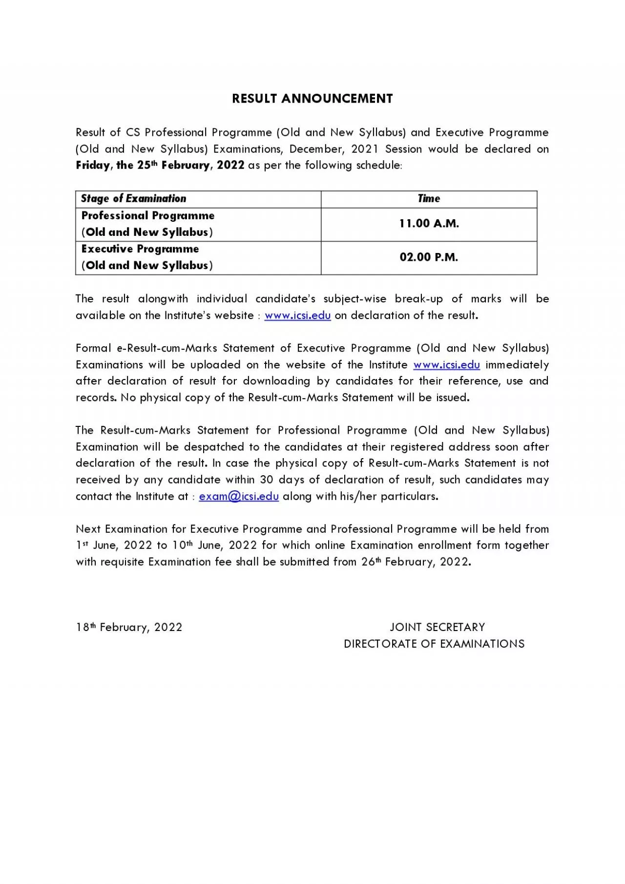 PDF-RESULT ANNOUNCEMENT