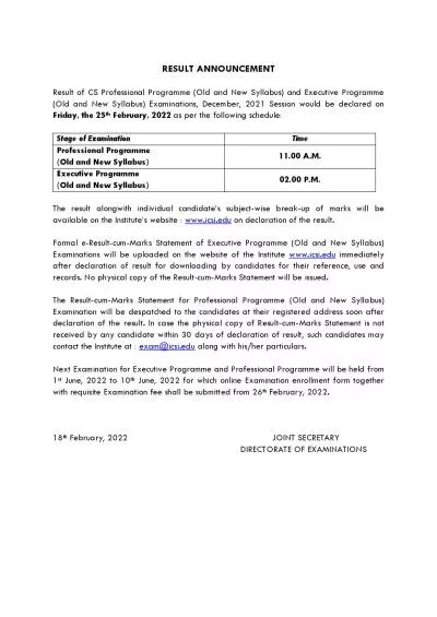 RESULT ANNOUNCEMENT