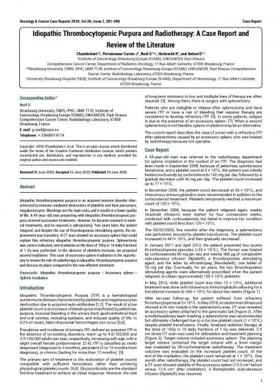 Idiopathic Thrombocytopenic Purpura and Radiotherapy A Case Report an