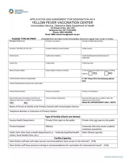 APPLICATION AND AGREEMENT FOR DESIGNATION AS AYELLOW FEVER VACCINATION