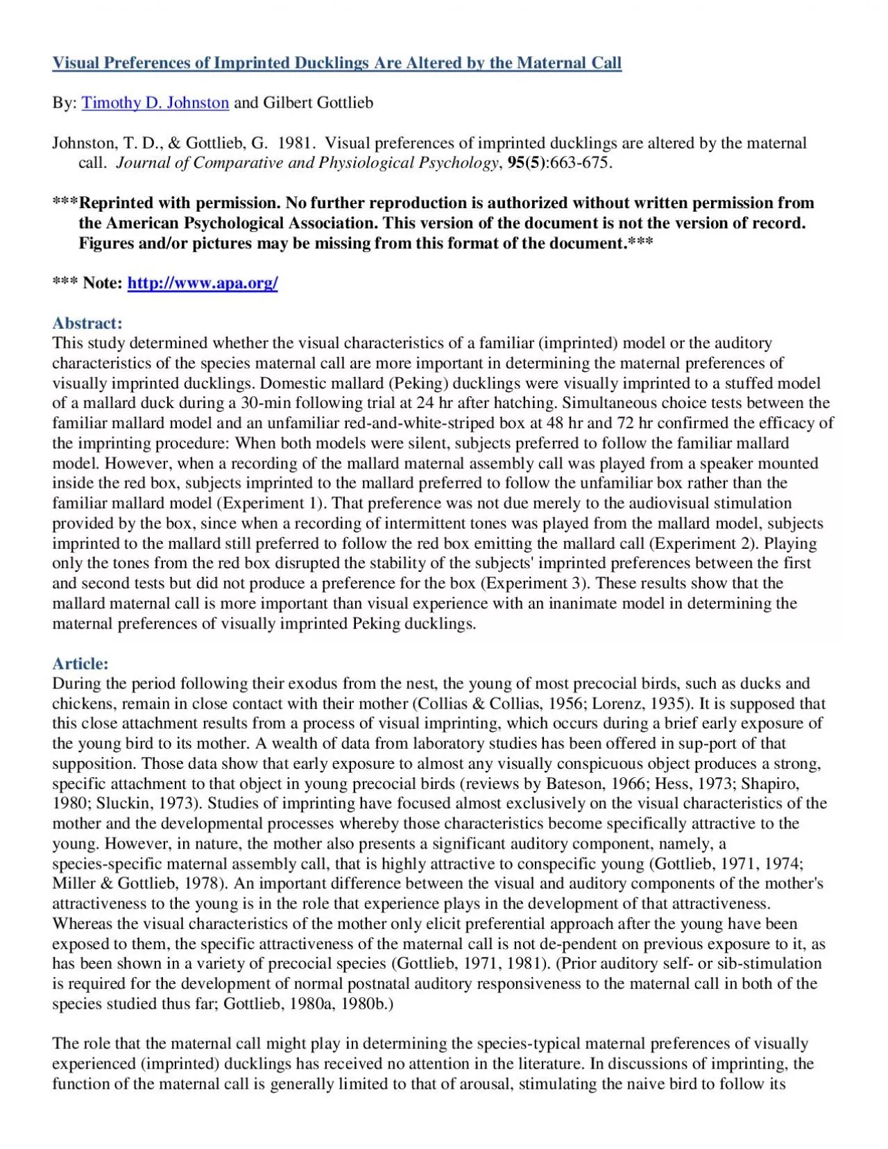 PDF-Visual Preferences of Imprinted Ducklings