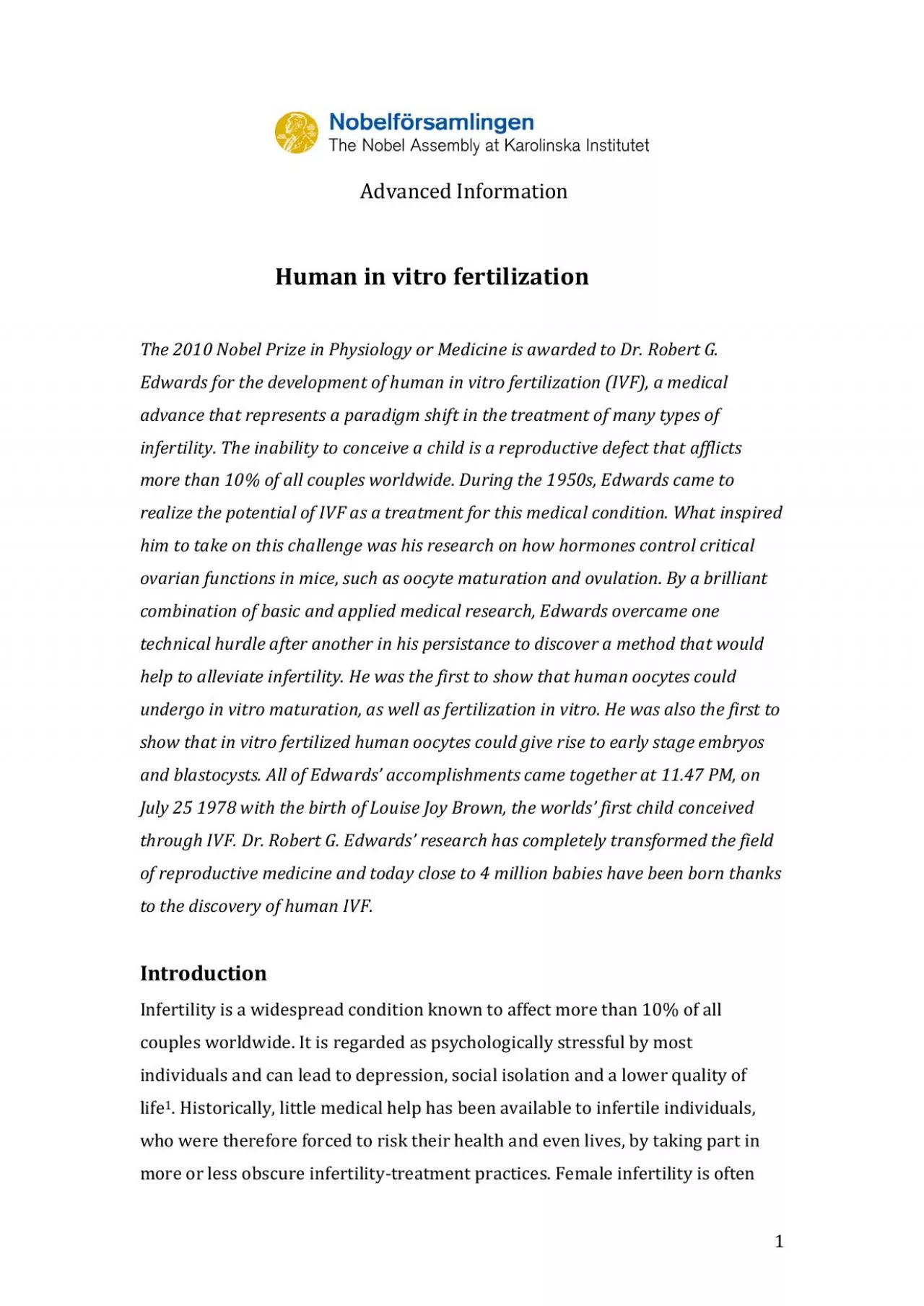 PDF-Advanced InformationHuman in vitro fertilizationThe 2010 Nobel Prize i