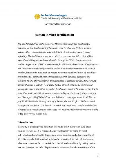 Advanced InformationHuman in vitro fertilizationThe 2010 Nobel Prize i