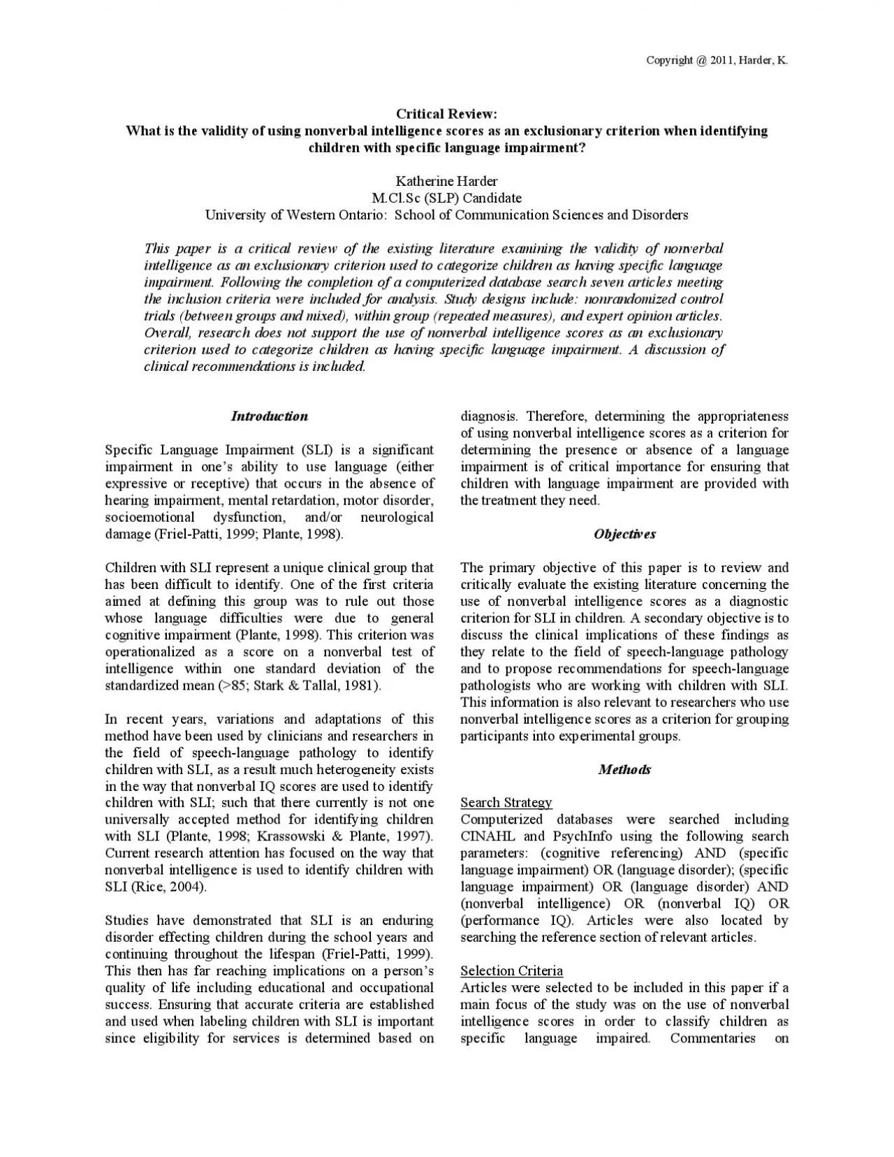 PDF-Children with SLI represent a unique clinical group that has been diff