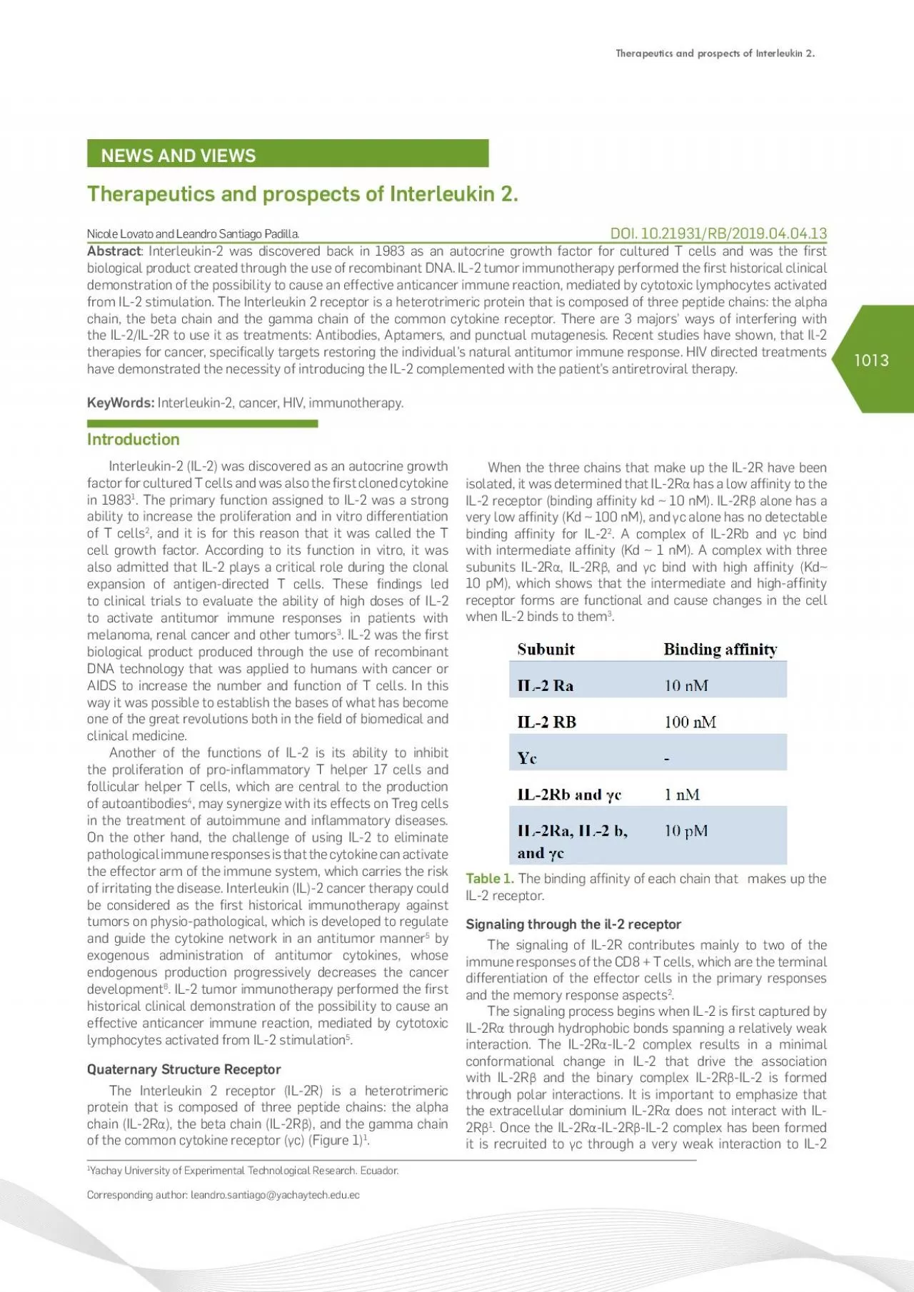 PDF-Therapeutics and prospects of Interleukin 2Nicole Lovato and Leandro