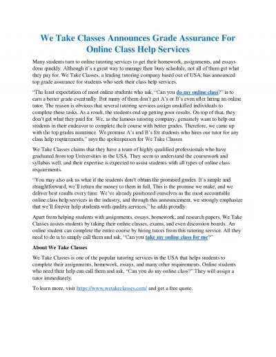 We Take Classes Announces Grade Assurance For Online Class Help Services