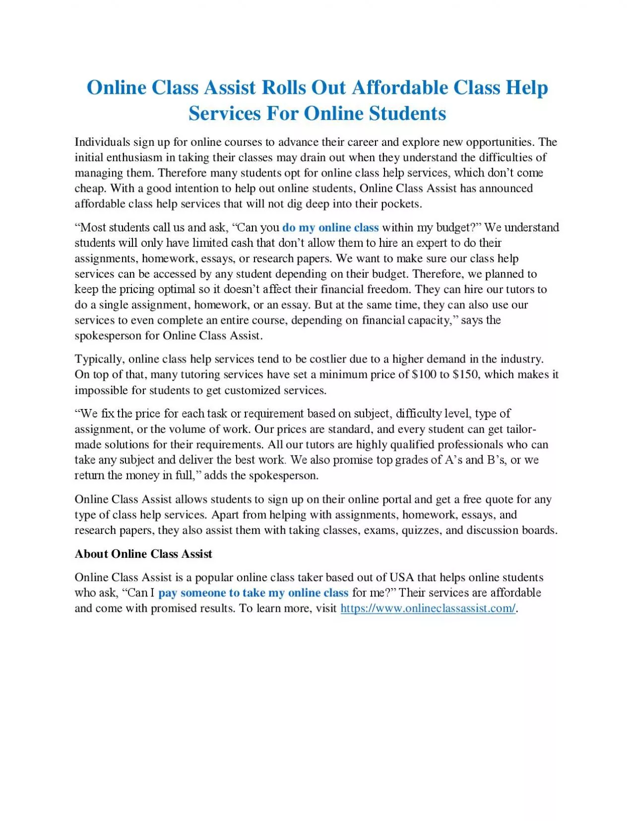 Online Class Assist Rolls Out Affordable Class Help Services For Online Students