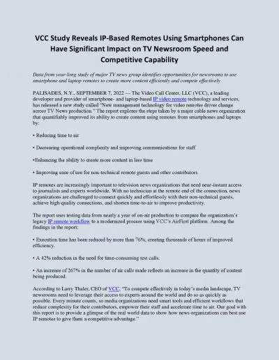 VCC Study Reveals IP-Based Remotes Using Smartphones Can Have Significant Impact on TV Newsroom Speed and Competitive Capability