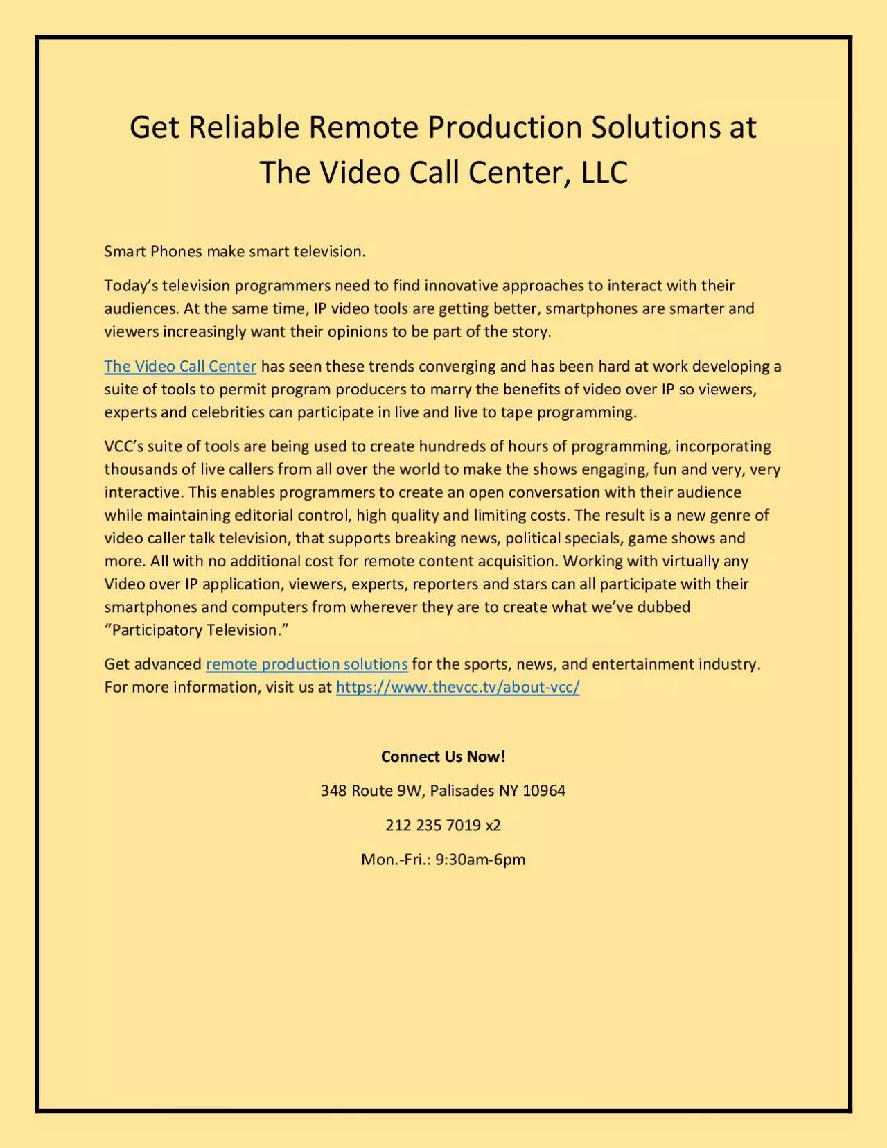 Get Reliable Remote Production Solutions at The Video Call Center, LLC