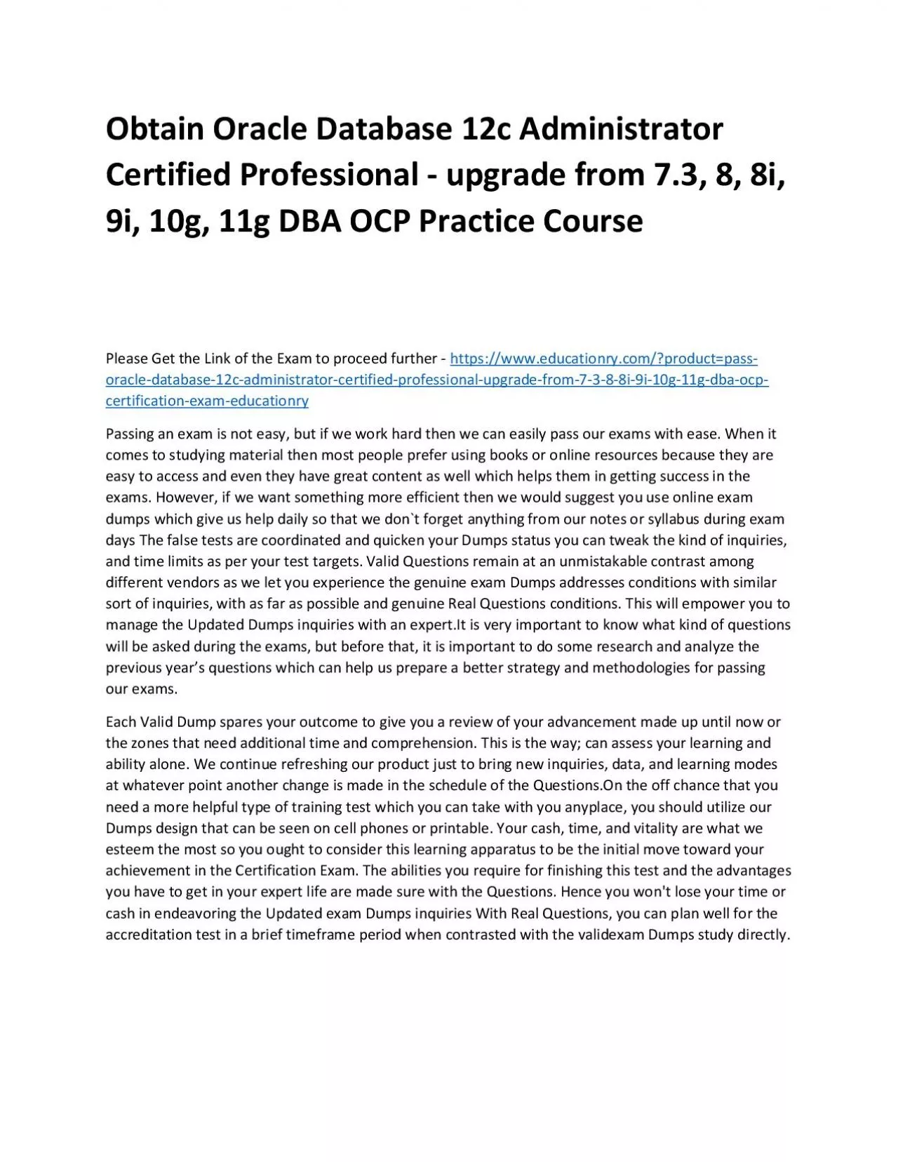 PDF-Oracle Database 12c Administrator Certified Professional - upgrade from 7.3, 8, 8i, 9i,