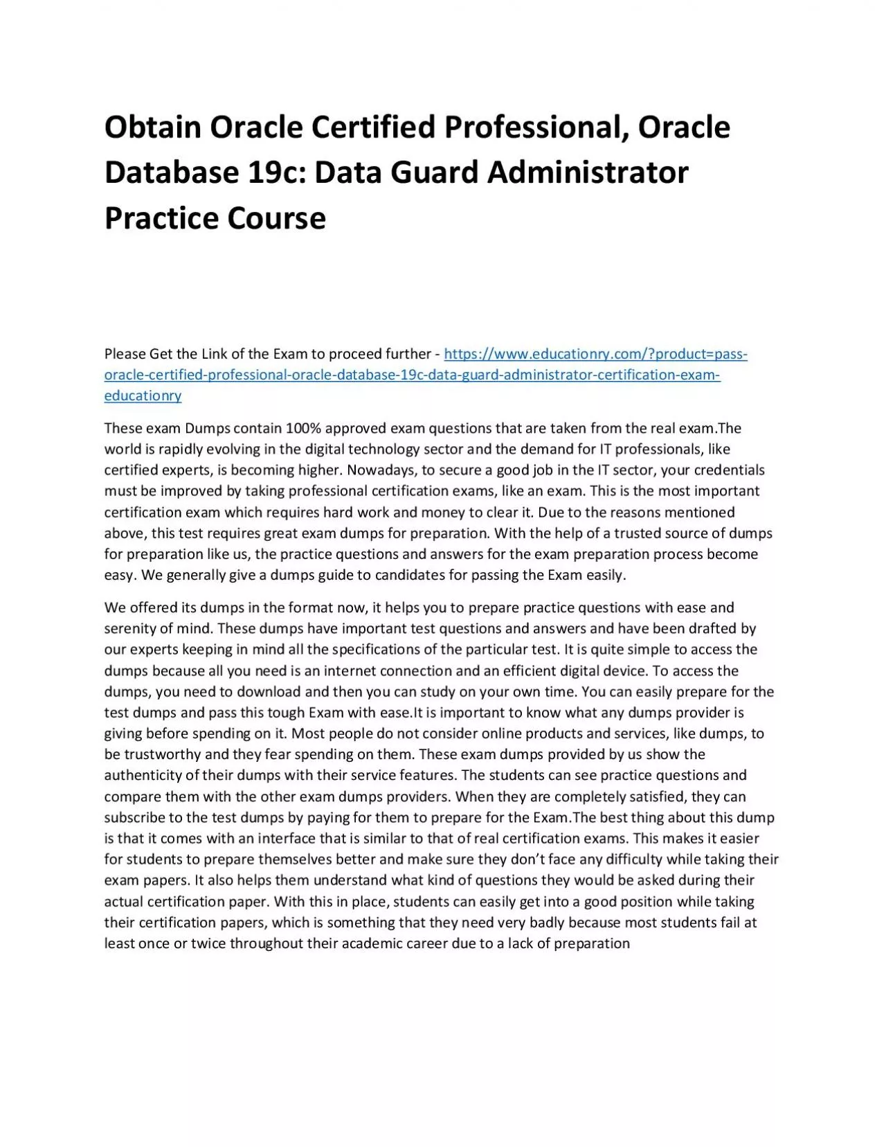 PDF-Oracle Certified Professional, Oracle Database 19c: Data Guard Administrator