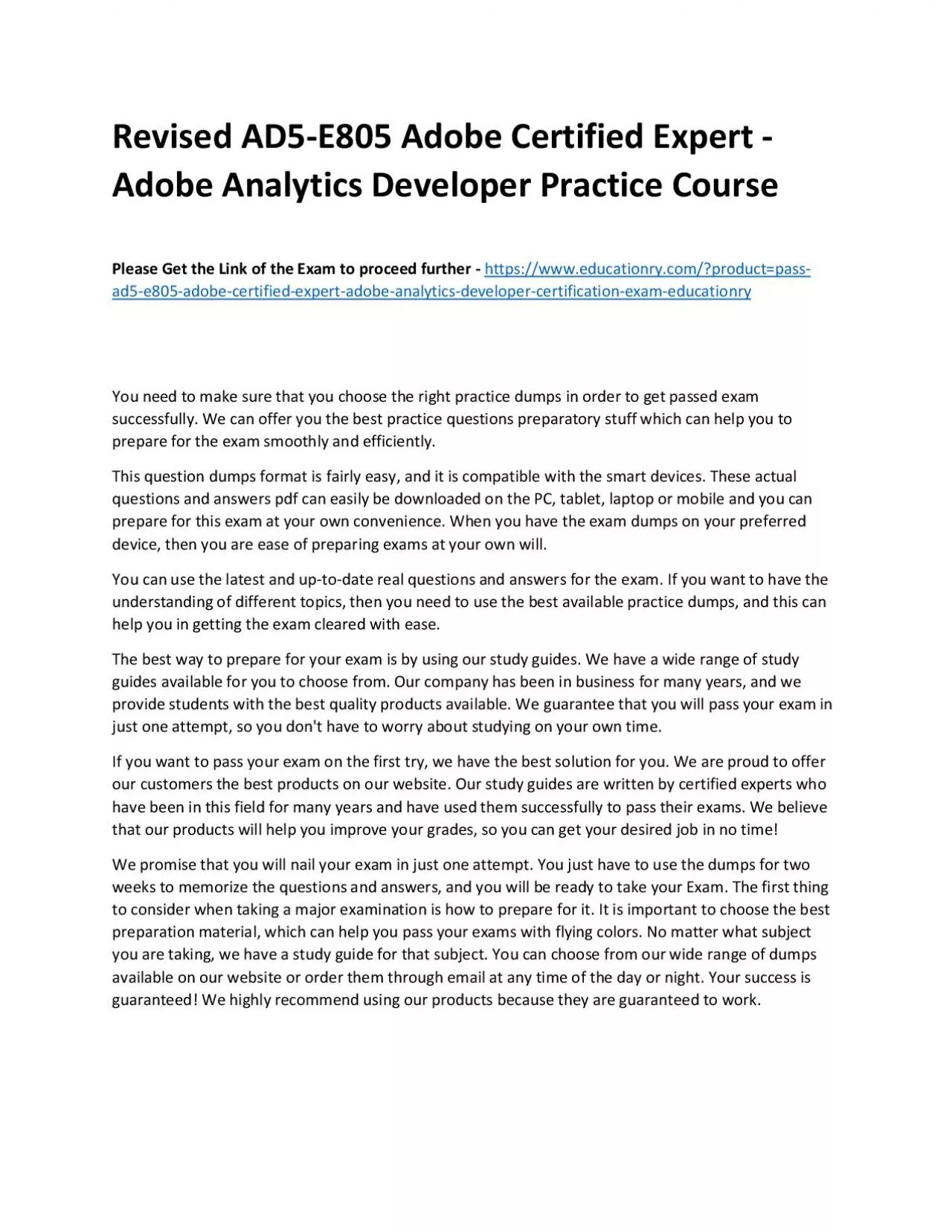 PDF-Revised AD5-E805 Adobe Certified Expert - Adobe Analytics Developer Practice Course