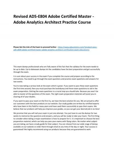 Revised AD5-E804 Adobe Certified Master - Adobe Analytics Architect Practice Course