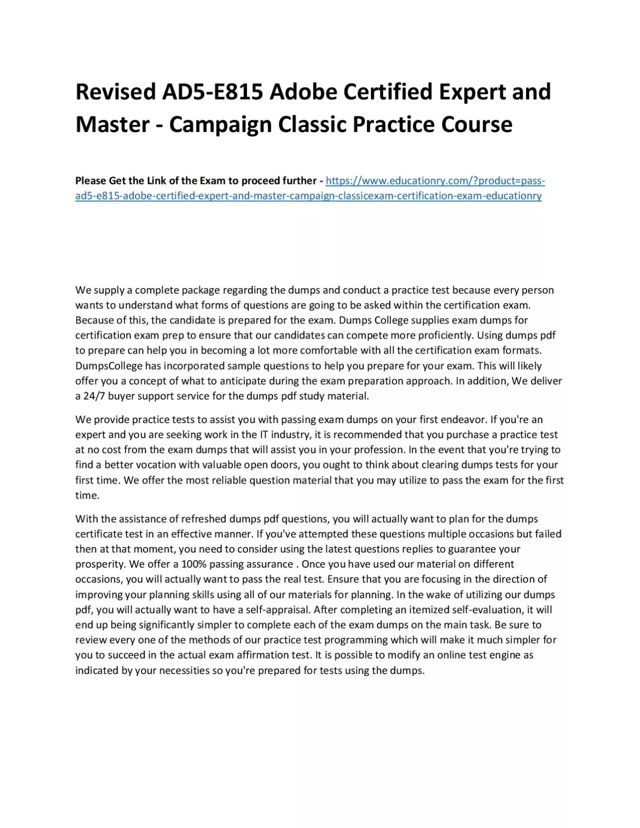 PDF-Revised AD5-E815 Adobe Certified Expert and Master - Campaign Classic Practice Course