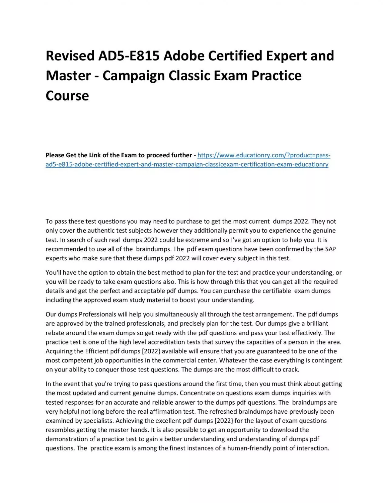 PDF-Revised AD5-E815 Adobe Certified Expert and Master - Campaign Classic Exam Practice Course