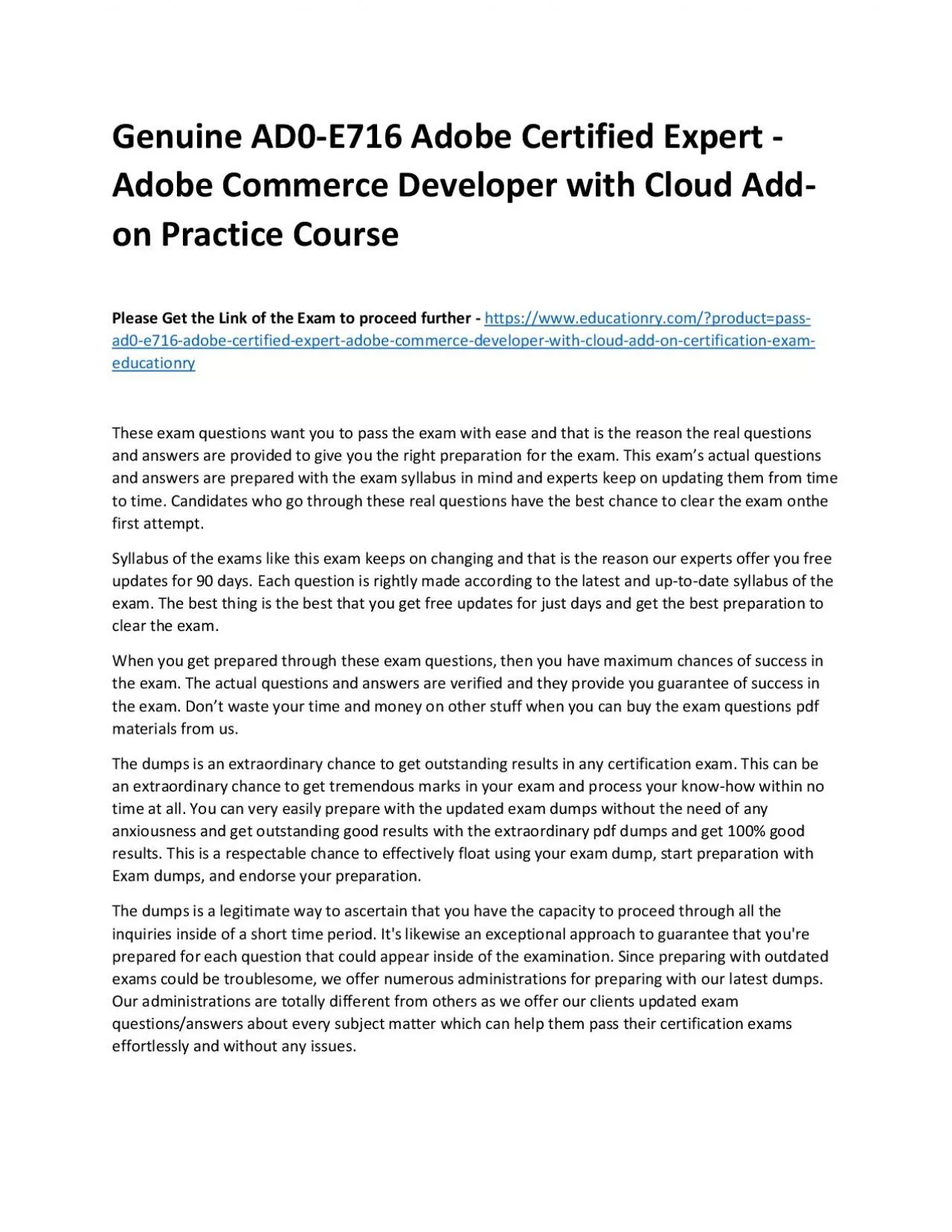 PDF-Genuine AD0-E716 Adobe Certified Expert - Adobe Commerce Developer with Cloud Add-on Practice