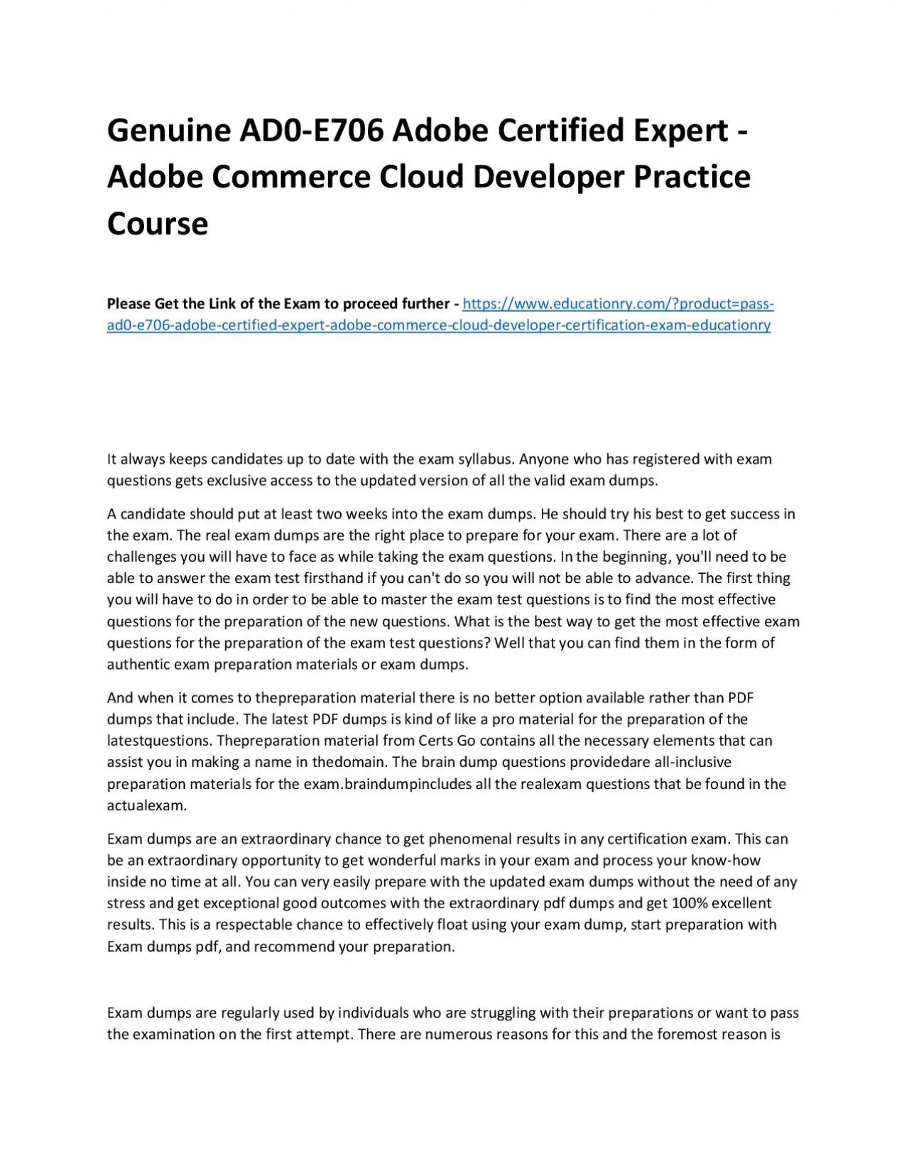 PDF-Genuine AD0-E706 Adobe Certified Expert - Adobe Commerce Cloud Developer Practice Course