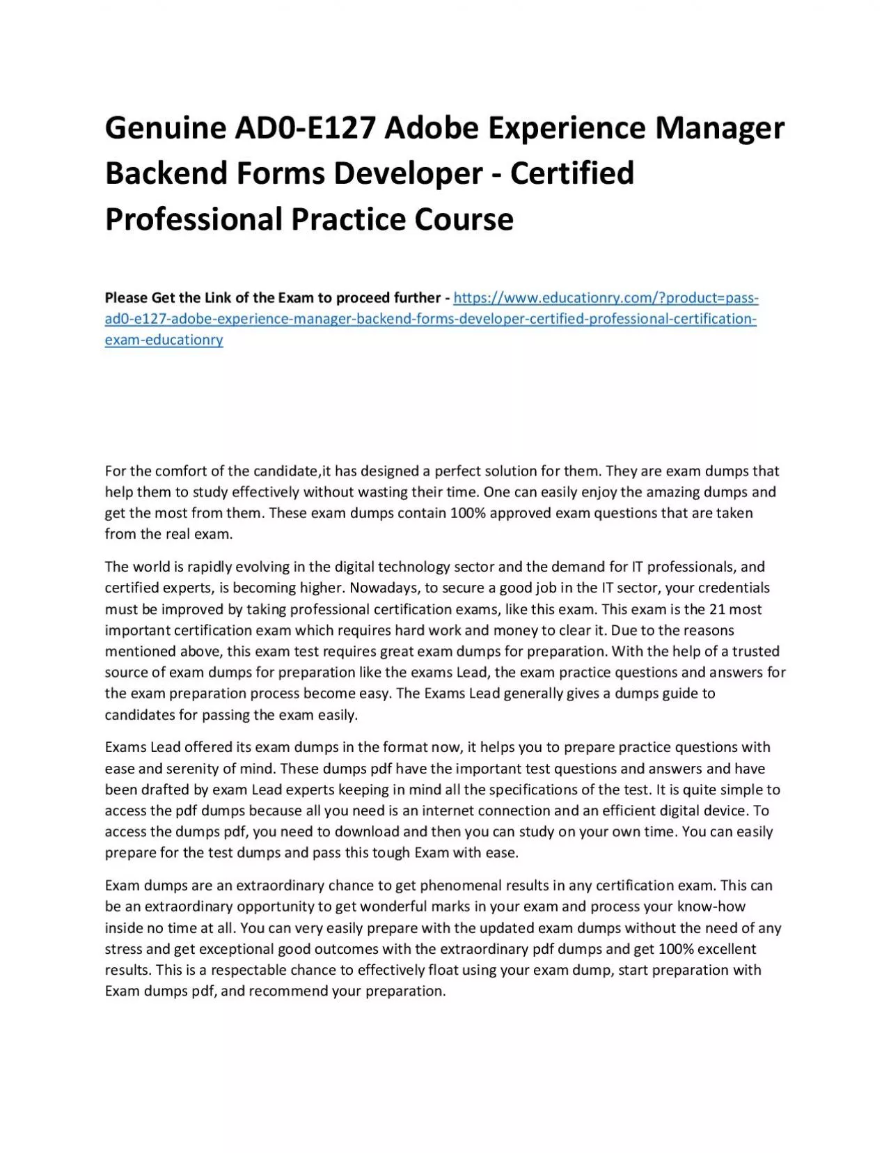 PDF-Genuine AD0-E127 Adobe Experience Manager Backend Forms Developer - Certified Professional