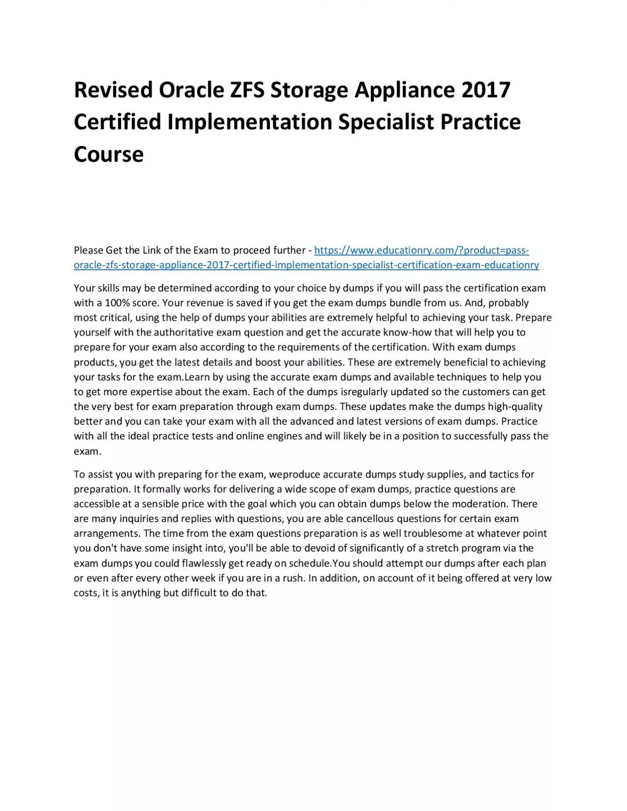 PDF-Oracle ZFS Storage Appliance 2017 Certified Implementation Specialist