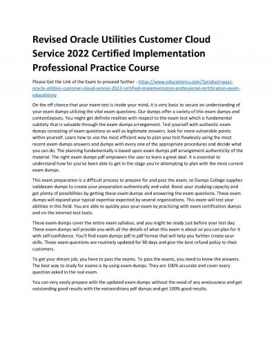 Oracle Utilities Customer Cloud Service 2022 Certified Implementation Professional